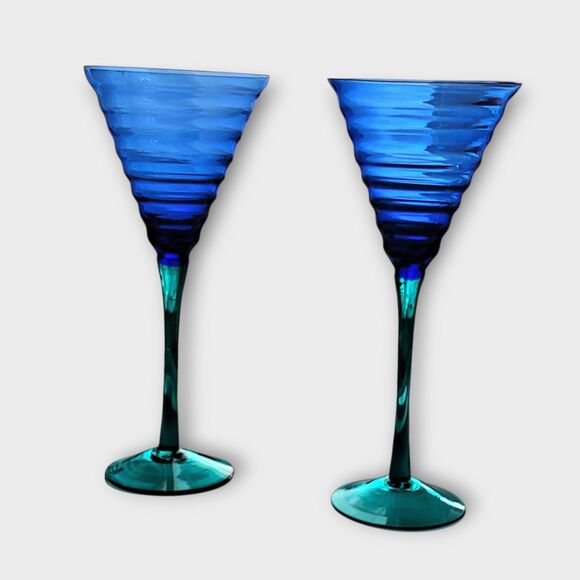 Pier 1 Cobalt Blue Teal Stem Beehive Wine Glasses Water Goblet 2 Pcs 9 Inches - Picture 11 of 12